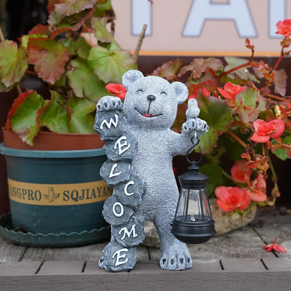 Solar-Powered Welcome Bear Statue with LED Lantern - Flea Market
